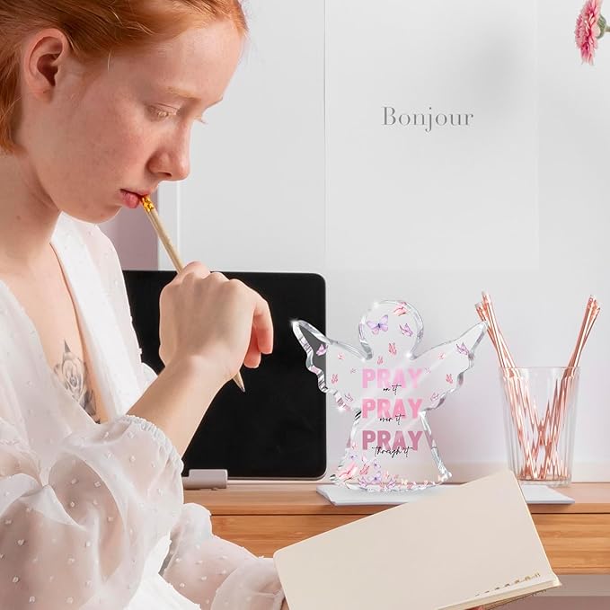 Pink Home Office Desk Accessories, Acrylic Memorial Gift, Dorm Room Decor for Women, Christian Gifts for Women, Remembrance Gifts, Pray Over It- Bible Verse Desk Art(Angel Style)