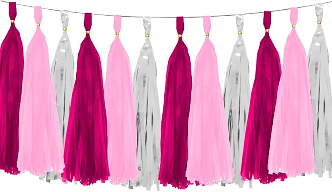 Rose Red Pink and Silver Tassel Garland Paper Tissue Tassels Garland for Party Decorations, Pack of 15