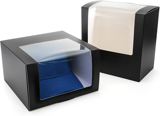 Peohud 25 Pack Black Gift Boxes with Window for Hat, Paper Hat Display Case, Fold Storage Containter Packing Boxes for Baseball Caps, Snapbacks, Trucker Cap, 7.8" x 7.8" x 4.8"
