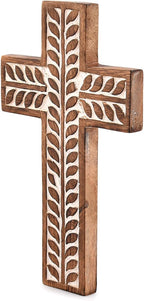 NIRMAN Mango Wood Religious Catholic Cross Wall Hanging Floral Carvings Living Room Home Décor for Entryway Office Living Room (10" x 6" x 0.75")