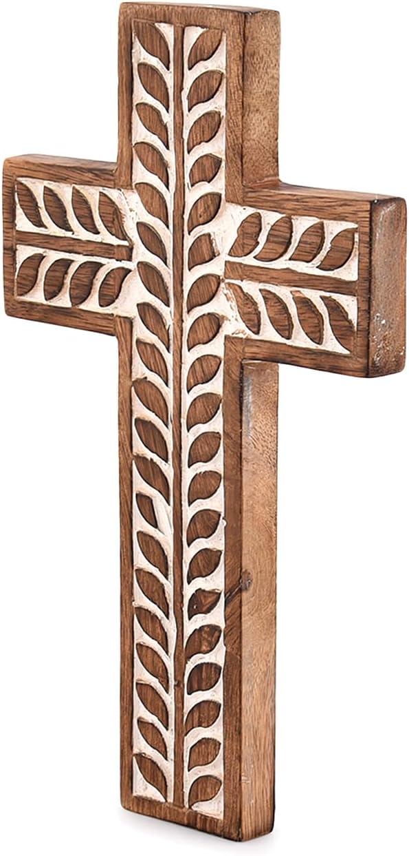 NIRMAN Mango Wood Religious Catholic Cross Wall Hanging Floral Carvings Living Room Home Décor for Entryway Office Living Room (10" x 6" x 0.75")