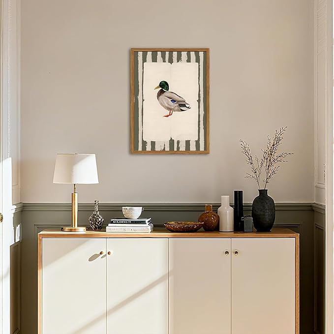 Framed Vintage Mallard Duck Wall Art, Country Farmhouse Duck Pictures Wall Decor, Rustic Wildlife Animal Paintings Canvas Prints Cottagecore Home Decor for Living Room Bedroom nursery 16x24 inch