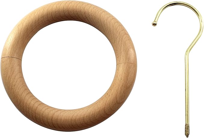 2 Pcs Natural Wood Scarf Hanger Ring Holder with Gold Hook Organiser Storage Hanger for Shop Display Wardrobe Closet Scarves Shawl Tie Belt Towel Necklace Jewellery Accessory Rack