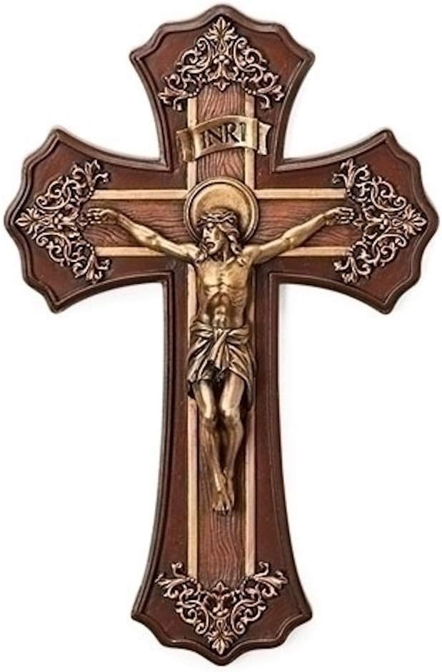 Roman 10.25 Victorian Style Oak and Antique Gold Finish Crucifix Wall Cross