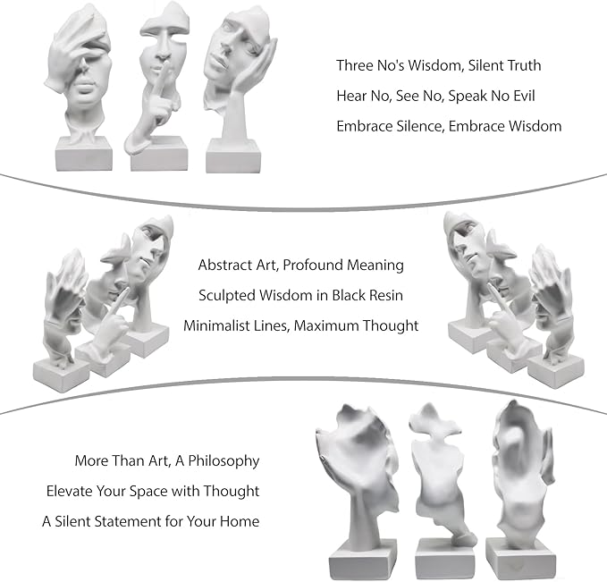 aboxoo Large Size 3 Pcs Thinker Statue, Silence is Gold, See No Evil Hear No Evil Speak No Evil Statues, Modern Resin Sculptures Decor for Living Room Home, Office, Study (White)