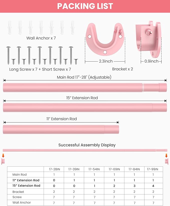 Closet Rods for Hanging Clothes, 17 to 54 Inches Stepless Adjustable Metal Closet Rod, 1.3 Inches Heavy Duty Clothes Hanging Rod for Closet Wardrobes Laundry RV, Pink