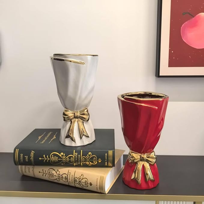 Red and Gold Bow Ceramic Vase - Flower Vases for Home Decor, Bow Decor, Boho Style, 9.65 Inch Flower Vases for Bouquet, Large Vase for Ideal Shelf Decor/Table (Red and Gold, Large)