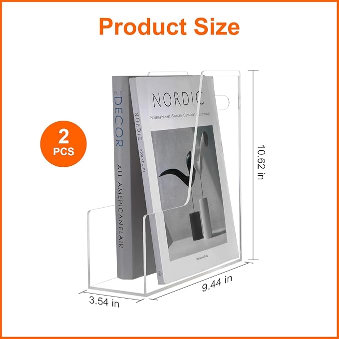 HeiMma 2 Pack Clear Acrylic Magazine File Holder, Single Slim Vertical Magazine File Organizer for Desk, Lucite Plastic Hold Magazines, Files, Books,Folder, Notebooks, Binders, for Home Office School
