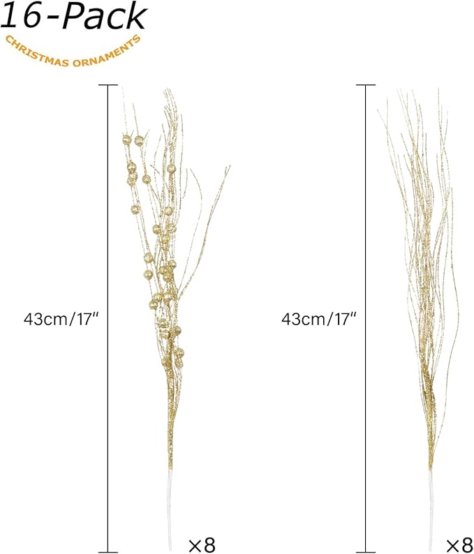SLK 16-Pack Artificial Glitter Berry Stem Ornaments, Christmas Decorative Glittery Twigs, Picks, Branches for Tree, Wreath, Small Vase, Halloween Party (Gold)
