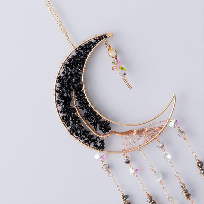 Agate Moon Dream Catchers with Crystal 7 Chakra Gemstone Dream Catchers Color Natural Gem Agate Wall Hangings Room Garden Dreamcatchers Decor (Black)