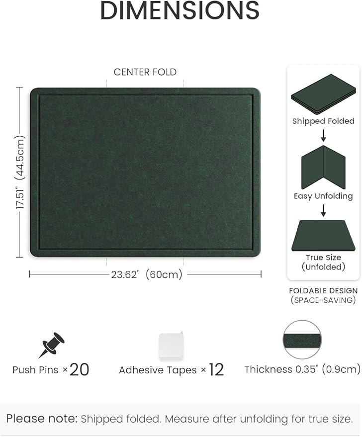 Fluxynara Bulletin Board, 23.6" x 17.5" Cork Board Alternative with 12 Safe Removable Adhesive Tabs, Foldable Felt Pin Board for Home Office, Classroom, Bedroom,Entryway for Walls—Pine Green