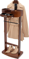 Suit Valet Stands for Women and Men Clothes Wood Valet Stand with Base Freestanding Clothing Organizer Valet Stand Contour Hanger Trouser Bar Belt Hooks for Office Living Room (Brown)