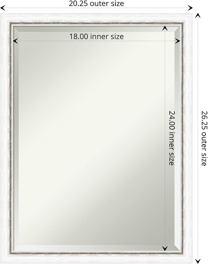 Amanti Art White Wall Mirror 26x20 Morgan White Silver Rectangle Bathroom Mirror for Wall Decor Living Room, Medium Modern Wood Frame, Hangs Horizonally and Vertically, Bathroom Decor, Beveled Edge