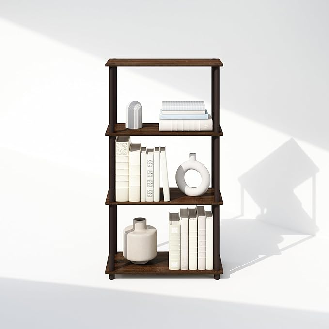 Furinno Turn-N-Tube Book Shelf, 4-Tier Bookshelf, Bookcase with Multipurpose Compact Display Rack, 11.6 x 23.6 x 43.2, for Living Room, Bedroom, Home Office, Walnut/Brown