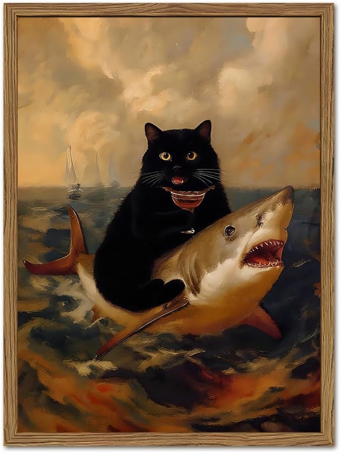 Funny Black Cat Wall Art Whimsical Cat Riding a Shark Wall Decor Picture Unique Animal Ocean Poster Canvas Painting Prints for Bedroom Living Room 16x24 inch Framed