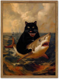 Funny Black Cat Wall Art Whimsical Cat Riding a Shark Wall Decor Picture Unique Animal Ocean Poster Canvas Painting Prints for Bedroom Living Room 12x16 inch Framed
