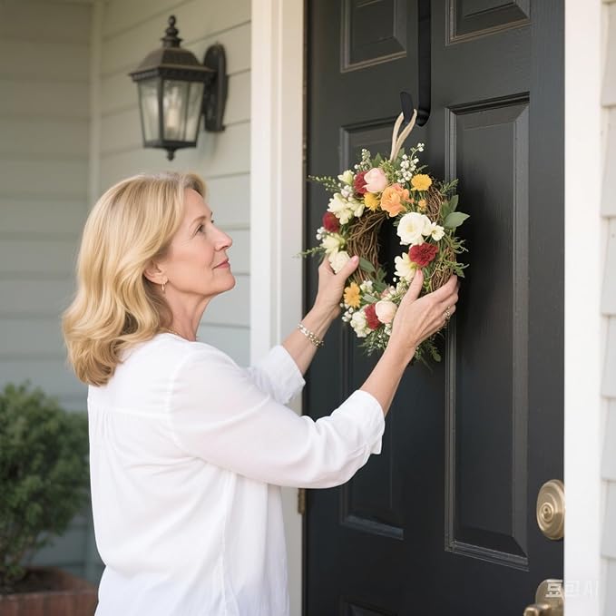 Sattiyrch 15" Wreath Hanger for Front Door,Sturdy Steel Wreath Door Hanger,Over The Door Hanger Hook (Black,4)