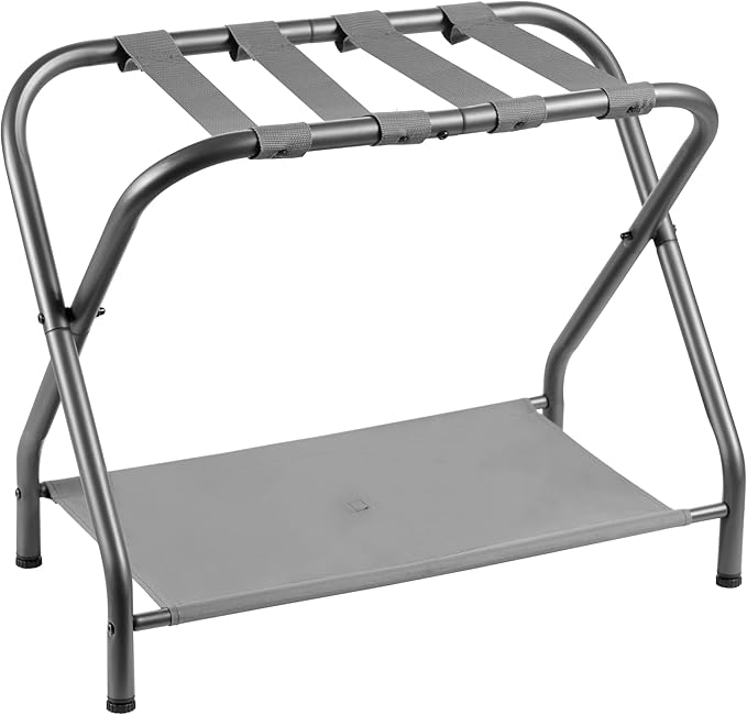 Heybly Luggage Rack for Guest Room, Steel Folding Suitcase Stand with Storage Shelf for Bedroom, Hotel, Foldable Steel Frame, Guest Room Bedroom Hotel, 22.8" L x 11.8" W x 20.9" H, Gray HLR004G1
