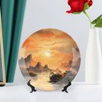 Decorative Plates for Wall Hanging, Ancient Chinese Mountain & Pavilion Landscape Ink Painting Ceramic Plate with Display Stand, Home Decor for Kitchen Cabinets, Farmhouse Round Tray 8 Inch