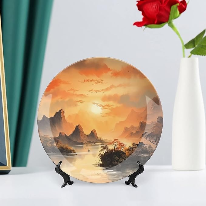 Decorative Plates for Wall Hanging, Ancient Chinese Mountain & Pavilion Landscape Ink Painting Ceramic Plate with Display Stand, Home Decor for Kitchen Cabinets, Farmhouse Round Tray 8 Inch
