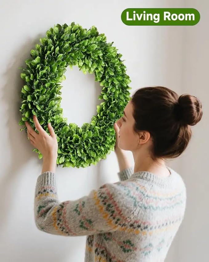 DDHS 23 Inch Large Boxwood Wreath for Front Door, Round Artificial Spring Summer Greenery Wreath with Hello Sign & Sash, Green Wreaths for Farmhouse Wedding Year Round Indoor Outdoor Home Decor