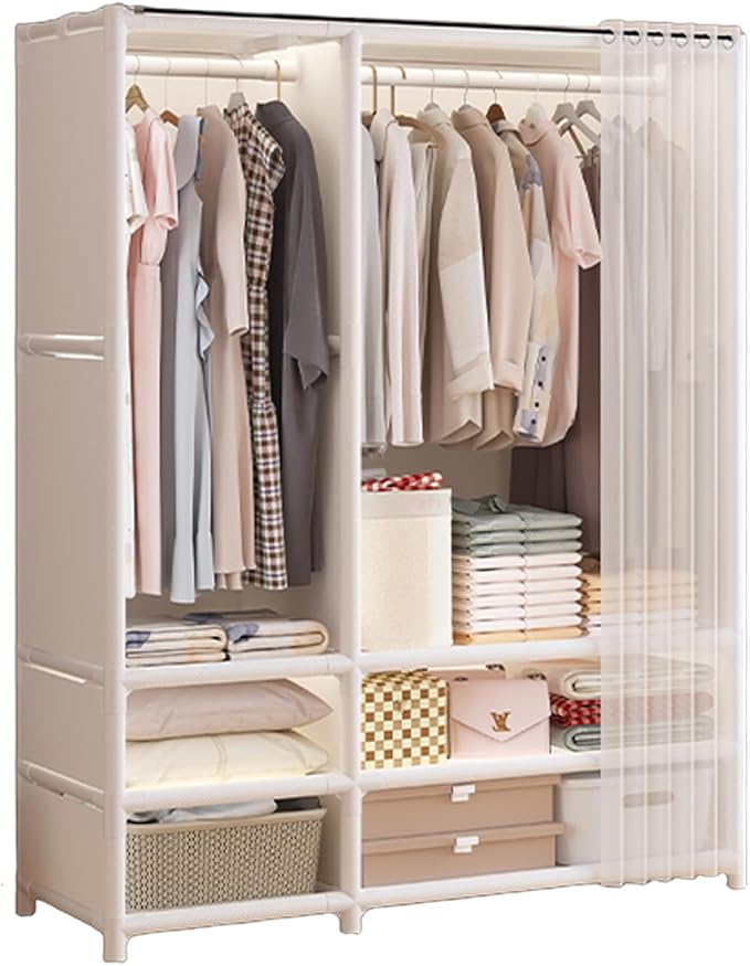 Portable Closet,Portable Closets for Hanging Clothes,Japanese Style Wardrobe with 2 Hanging Rods,6 Storage Shelves,43.3" L x 17.7" W x 65.1" H,White