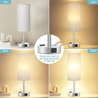 Fenmzee Light Grey Table Lamp for Nightstand - 3 Way Dimmable Touch Bedside Lamp USB C and A Charging Ports and AC Outlet, Small Desk Lamp with Silver Base for Office Nursery, LED Bulb Included