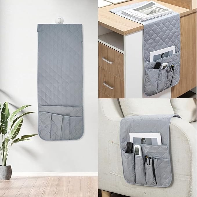 RETON Sofa Armrest Organizer with 5 Pockets, Non Slip Remote Control Caddy with 8 Pieces of Hook and Loop Fasteners, Armchair Caddy Holder Storage for Magazine Recliner Book TV Phone (Gray)