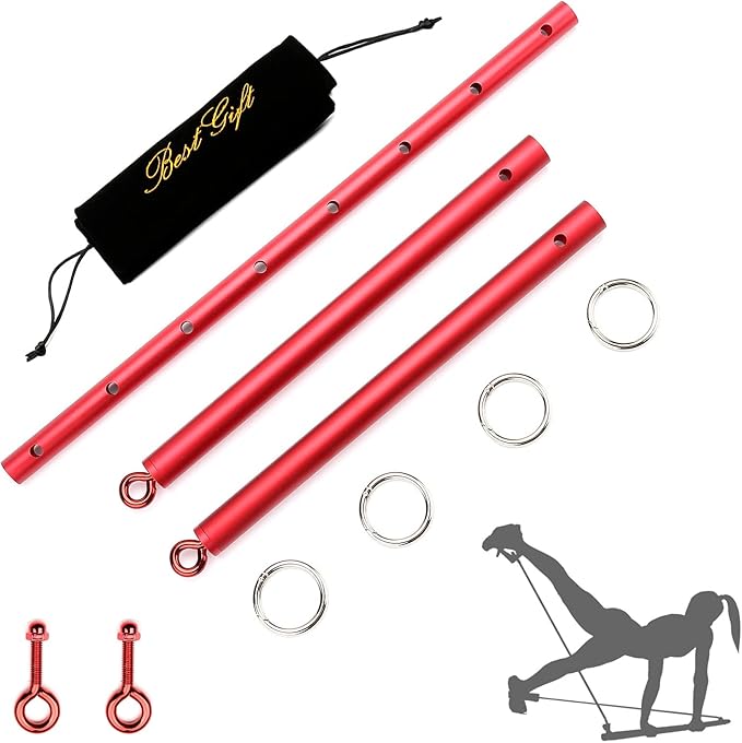 Red Pilates Spreader Bar Kit, Complete Gym Fitness Set & Home Yoga with Exercise Guide and Storage Bag