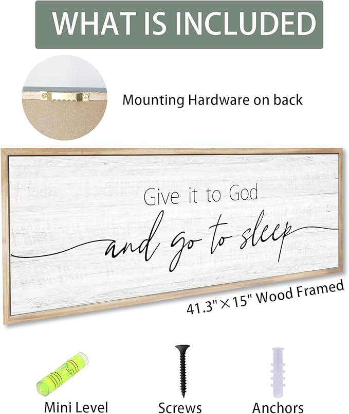 Give It to God and Go to Sleep Sign Framed Large 41''×15'' Above Bed Wall Decor for Bedroom Farmhouse Wall Decor Guest Room Decor Rustic Master Bedroom Wall Decoration Wood Wall Art (brown frame)
