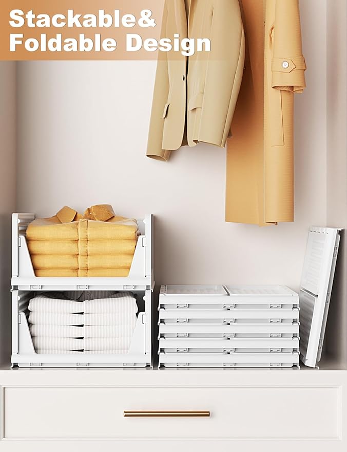 4 Pack Closet Organizer System, Stackable Plastic Clothes Storage Basket, Stackable, Foldable Organizers for Wardrobe Clothes Organizer Suitable for Bedrooms Bathrooms Kitchen Living Rooms Office Dorm