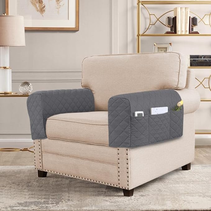 H.VERSAILTEX Couch Arm Covers Water Resistant Armrest Covers for Sofa Remote Control Holder Sofa Armrest Organizer for Magazine, Tablet, Phone, iPad(Set of 2, Gray/Beige)