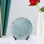 Japanese Spring Theme Decorative Ceramic Plate Round Porcelain Plate,Sakura Tree Branches Pattern,for Decorative Ornaments Giving Plates, 1 Plate with 1 Display Stand,Blue Pink,8 inch