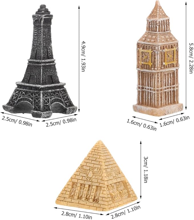Milisten 3pcs Miniature Architectural Model Set Pyramid Statue Eiffel Tower Clock Tower Figurines Scene Accessories for Home Décor and Collectible Display
