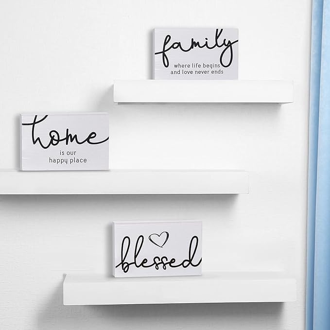 Jetec 3 Pcs Family Home Blessed Rustic Wood Sign Mini Wood Decorative Farmhouse Woodworks Table Shelves Decorations Sign for Bedroom Kitchen Living Room Table Decor(White,4.25 x 2.76 x 0.59 in)