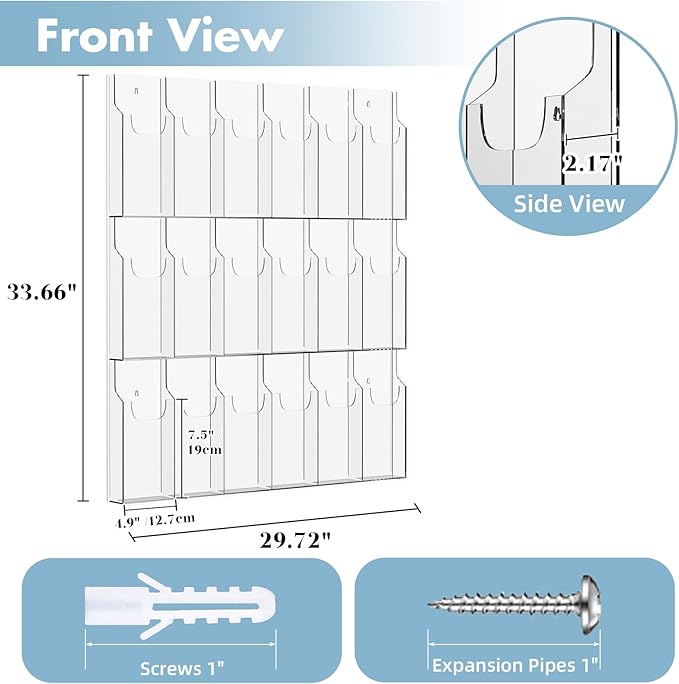 Acrylic Brochure Pamphlet Holder, 18 Pamphlet Holders, Clear Brochure Display Holder Wall Mount, Trifold Flyer Rack, Literature Storage Rack for Home, Offices, Waiting Room