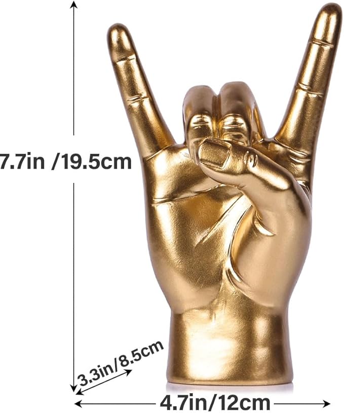 QIANLING 7.7" Gold Resin Rock On Hand Gesture Statue - Rock Culture Music Lovers' Decorative Tabletop Sculpture for Bookshelf, Desk & Mantel Decor in Home or Office, Modern Symbolic Figurine
