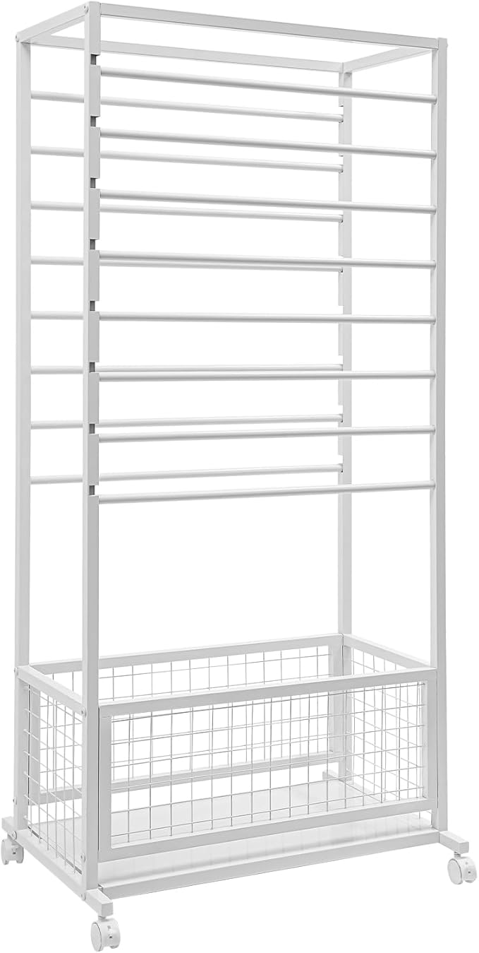 16-Layer Scarf Display Stand, Rolling Scarf Organizer Holder Hanging Rack with Wheels & Storage Basket for Retail Store Boutique Display Bedroom, W26.5*D16.9*H59in (White)