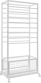 16-Layer Scarf Display Stand, Rolling Scarf Organizer Holder Hanging Rack with Wheels & Storage Basket for Retail Store Boutique Display Bedroom, W26.5*D16.9*H59in (White)