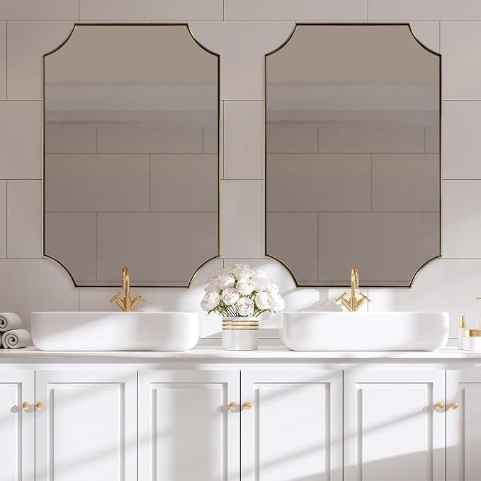 ANDY STAR Brushed Gold Rectangle Mirror, 24x36 Inch Scalloped Bathroom Mirror, Unique Rectangular Mirror with Scalloped Design, Anti-Rust Stainless Steel Frame Deep 1"