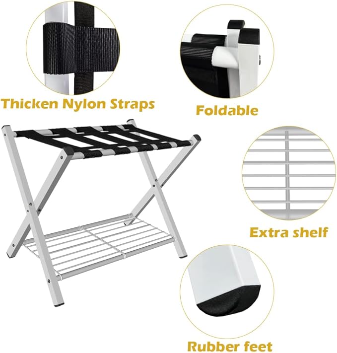 mocomax 2 Pack Folding Luggage Rack for Guest Room, Foldable Suitcase Stand Holder with Metal Storage Shelf for Bedroom, Living Room, Hotel Essentials, Heavy Duty Steel Frame, White
