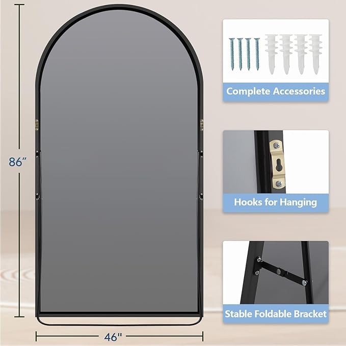 Dewfig Arched Full Length Mirror, 86"x46" Large Floor Mirror with Stand, Oversized Full Body Mirrors for Standing/Leaning/Hanging, Wall Mounted Mirrors for Bedroom, Living Room,Dressing Room, Black