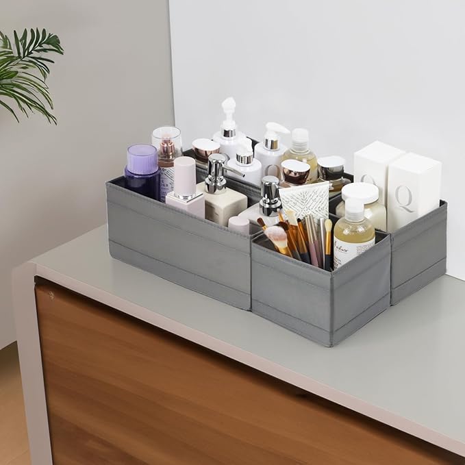 Washable Cloth Drawer Organizer, Set of 4 Foldable Sock Dresser Drawer Organizers Storage Boxes, Fabric Storage Boxes Closet Cabinet Organizer for Clothes (Gray, S+2M+L)