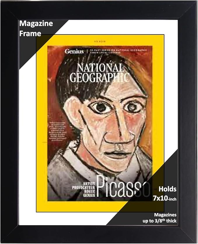 Creative Picture Frames 7 x 10 Magazine National Geographic Frame with Full-Strength Glass, Holds Up To A 1/4" Thick Media with Installed Hangers for Easy Mounting, 8x12 Black Frame with White Mat
