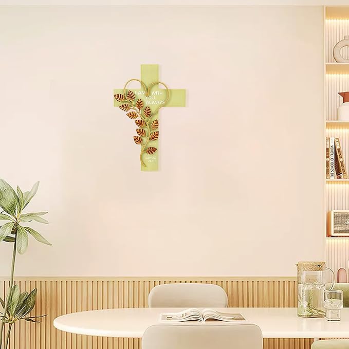 Wooden Wall Cross with Iron Heart Leaf Decorated with Hook and Base Hanging Wall Or Table Cross with Matthew 28:20 For Church Home Room Decoration (Green)