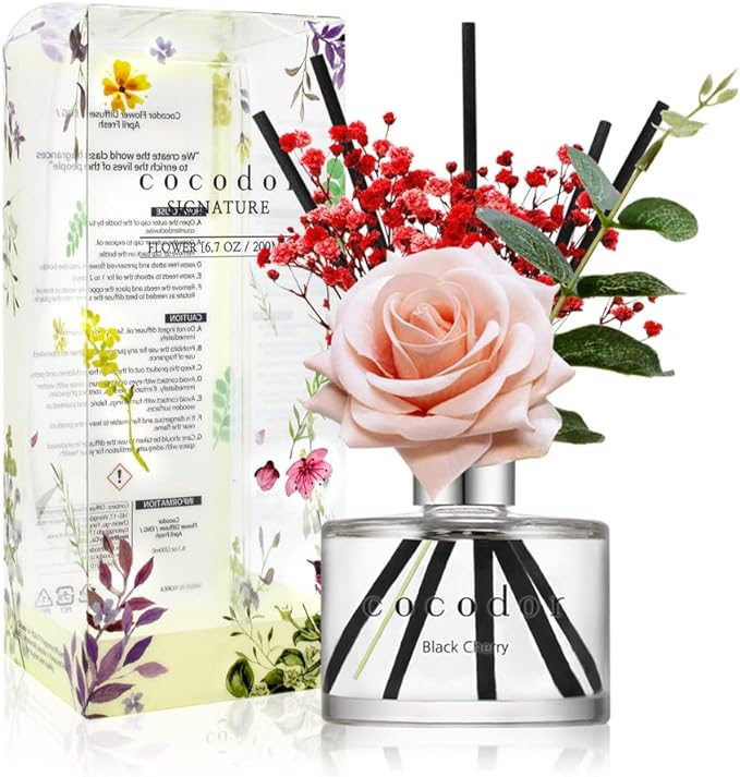 COCODOR Rose Flower Reed Diffuser/Black Cherry/6.7oz(200ml)/1 Pack/Reed Diffuser, Reed Diffuser Set, Oil Diffuser & Reed Diffuser Sticks, Home Decor & Office Decor, Fragrance and Gifts