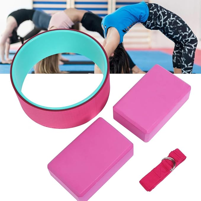 4pcs Yoga Wheel Set with Yoga Block, Stretch Belt and Strap, Premium EVA Foam Back Pain Relief Fitness Kit for Deep Stretching, Home Gym and Yoga Practice
