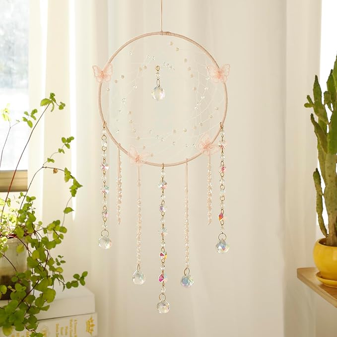 Artilady Butterfly Dream Catchers with Crystals - Large Boho Pink Moon Dream Catcher Wall Decor Home Decorations Girls Kids Baby Bedroom Room Decor Christmas Birthday Teen Girl Boys Gifts