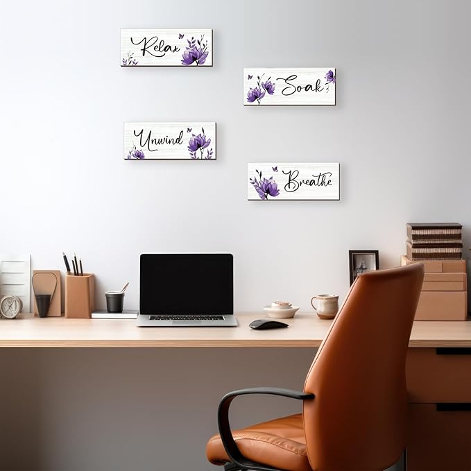 ONIZHITY Set of 4 Purple Bathroom Decor With Purple Flower Wall Decor Inspire Relax Soak Unwind Breathe Rustic Wooden Wall Art Ideal for Bedroom Office Living Room Kitchen Decoration(Purple 10x4Inch)