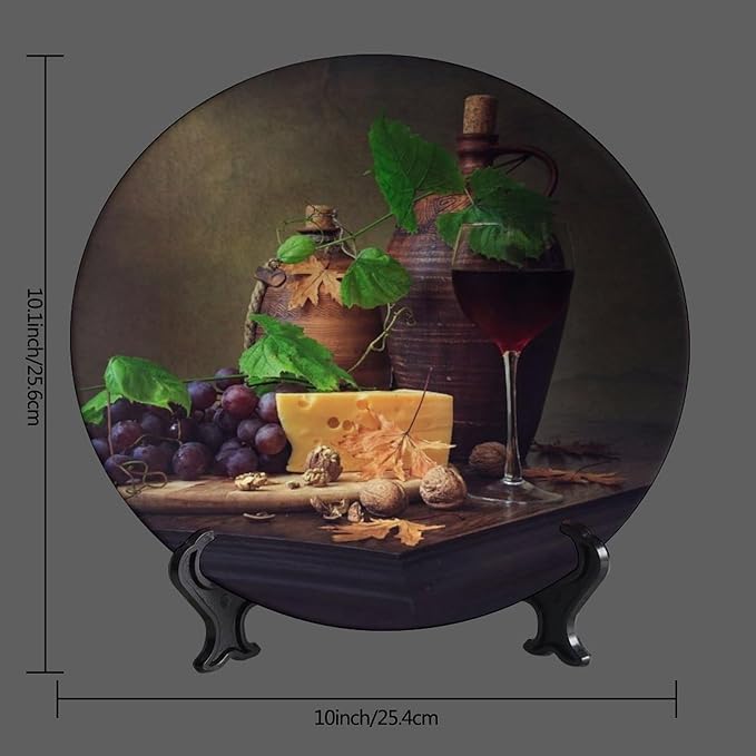 WineDecorative Plate Holder, 10 Inch, Cheese and Walnut Wine Round Display Plate, Table Top Plate Decor with Stand, for Kitchen Party Coffee Table Decor Art